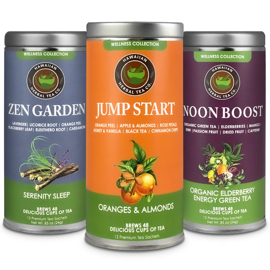 Organic Herbal Wellness Teas- 3 pack Wellness Collection (Almond & Oranges Jumpstart, Elderberry Energy Green Tea Boost, Zen Garden with Ashwagandha Serenity sleep