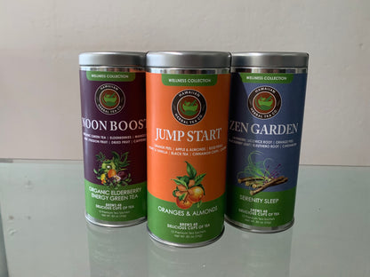 Organic Herbal Wellness Teas- 3 pack Wellness Collection (Almond & Oranges Jumpstart, Elderberry Energy Green Tea Boost, Zen Garden with Ashwagandha Serenity sleep